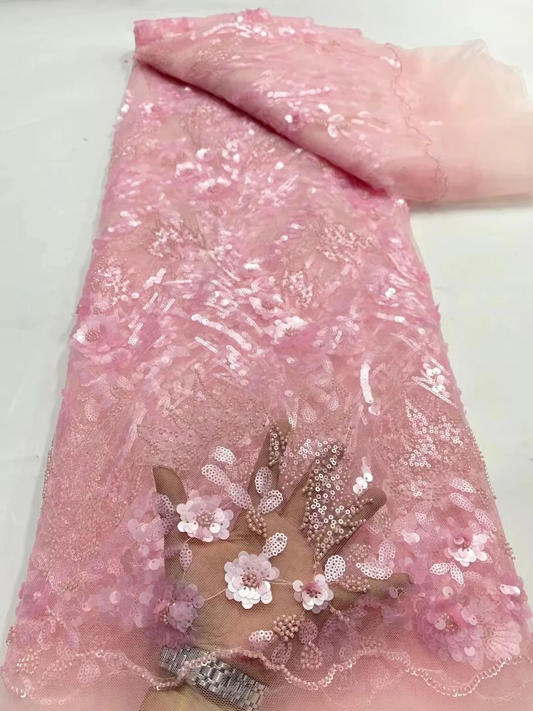 

Pink African Sequins Lace Fabric 2024 5 Yards High Quality French Nigerian Net Lace Fabric For Sewing Dress Wedding