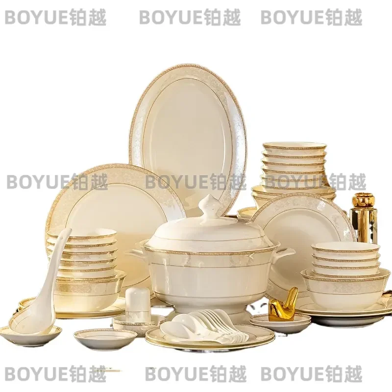 Jingdezhen Bone China Dinnerware Set European Style Ceramic Bowl Plate Saucer Chopsticks Household Gift Company Present