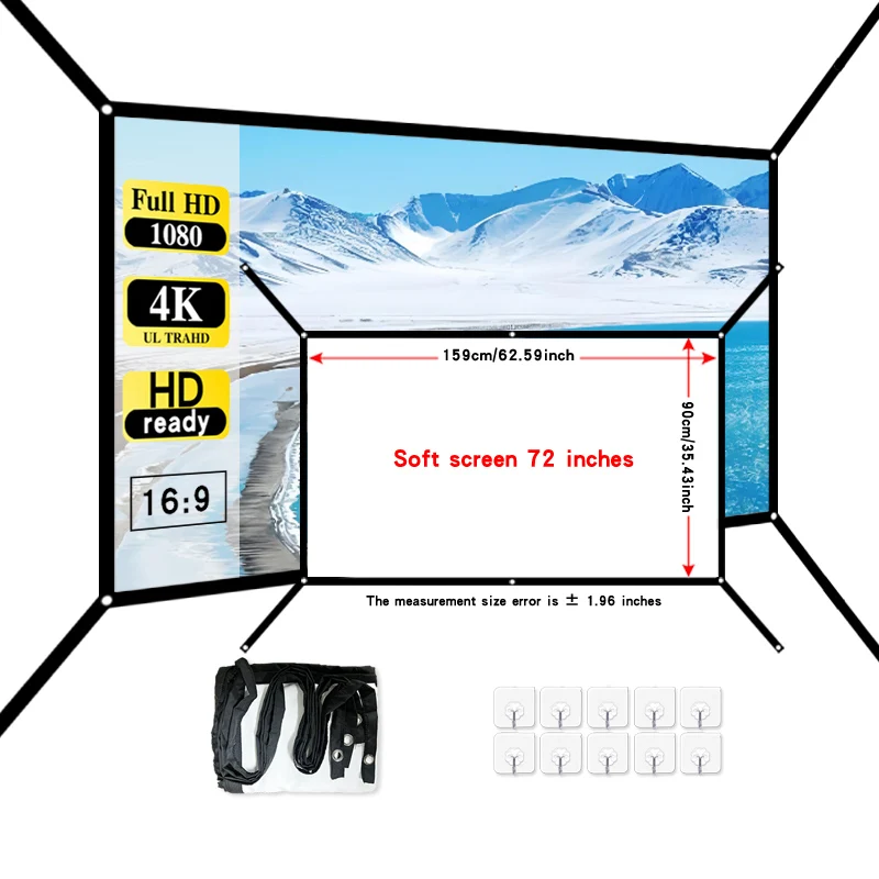 The new hanging hole extended projection screen is 72 inches. Outdoor projection projector adaptation. Portable screen.
