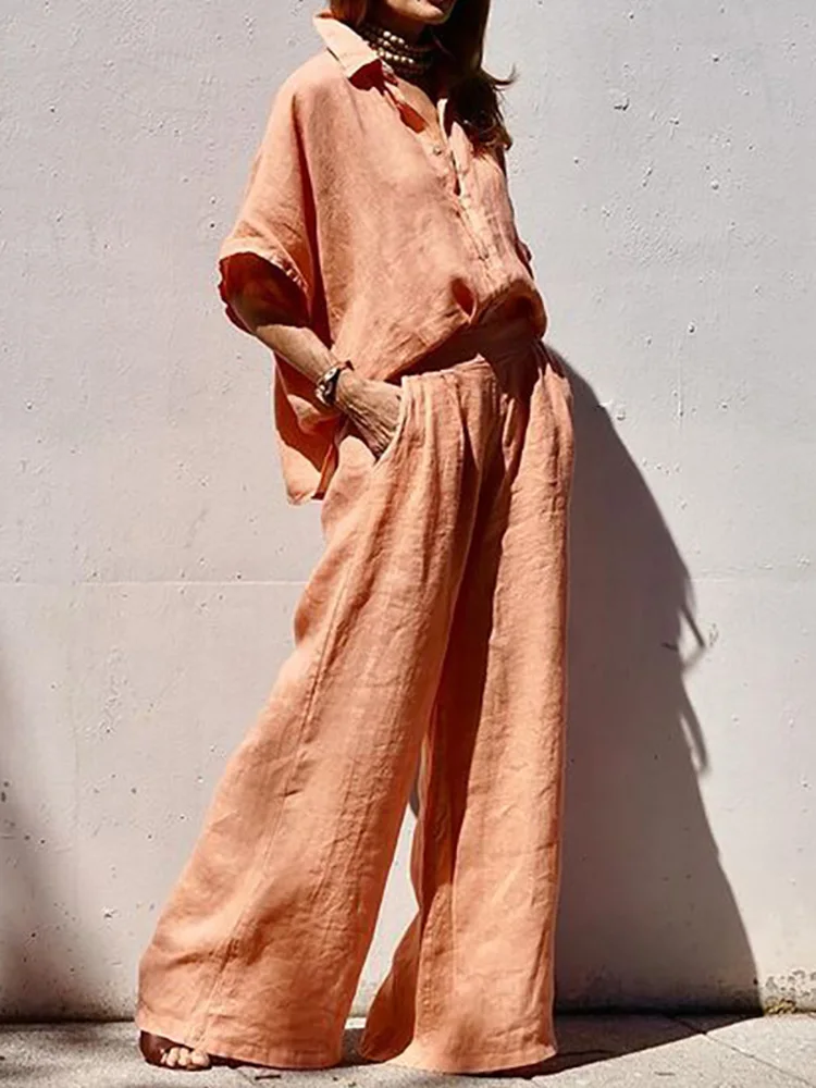 

Single-Breasted Cardigan Top 2PCS Outfit, Women Spring Summer Half Sleeve Solid Matching Sets, Loose Wide Leg Pants Ladies Suits