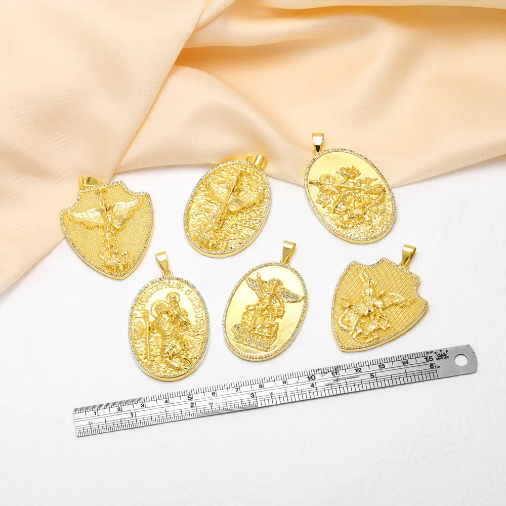OCESRIO St Michael Medals for Necklace Gold Plated Copper Saint Christopher Shield Pendant Jewelry Making Supplies pdtb919