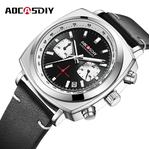 AOCASDIY nuevo reloj cuadrado de moda multifuncional tres ojos seis pines sincronización ocio reloj de cuero para hombres