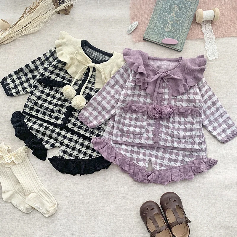 

Toddler Girls Sweater Sets Autumn Infant Kint Set Baby Girls Clothes Suit Knit Plaid Cardigan Top+Ruffled PP Shorts +Shawl 3Pcs