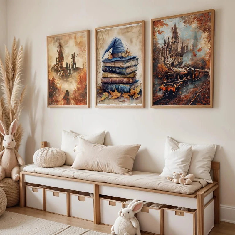 Poster da mago autunnale di Halloween da 3 pezzi, arte da parete con gufo del treno del castello magico, arredamento della stanza fantasy, set di stampa per la scuola materna autunnale, arte del mago