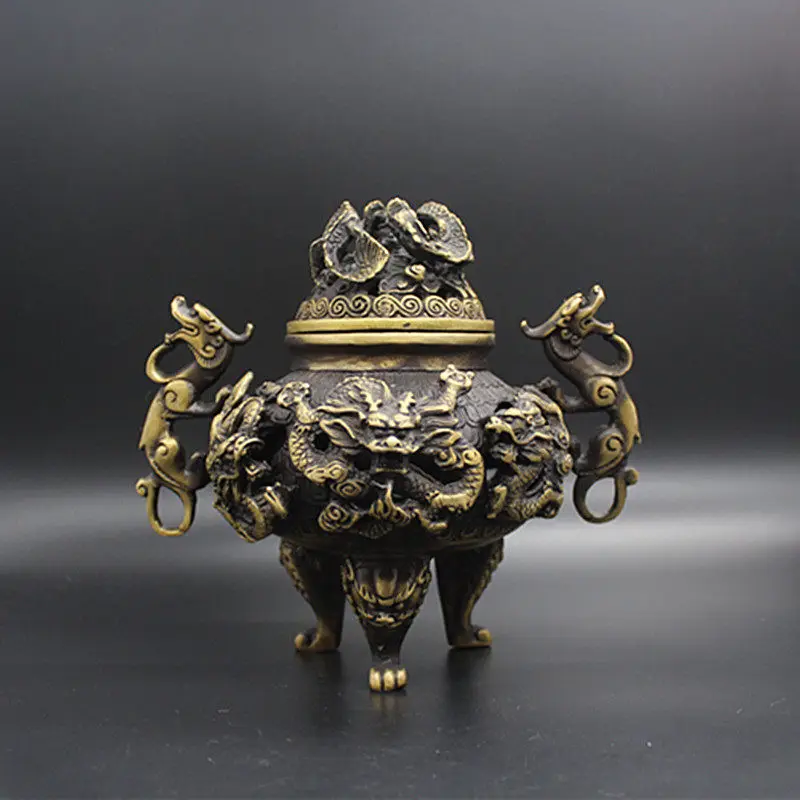 Antique Style Hollow Out Nine Dragons Bronze Incense Burner Retro Censer Ornament Home Decor Craft Artwork