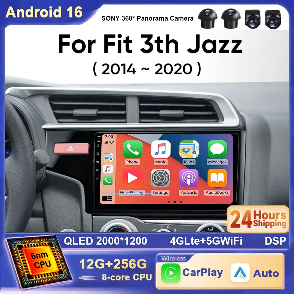 Android 16 Car Radio For Honda Jazz 3 2014 - 2020 Fit 3 GP GK 2013-2020 QLED Multimedia Video Player Navigation