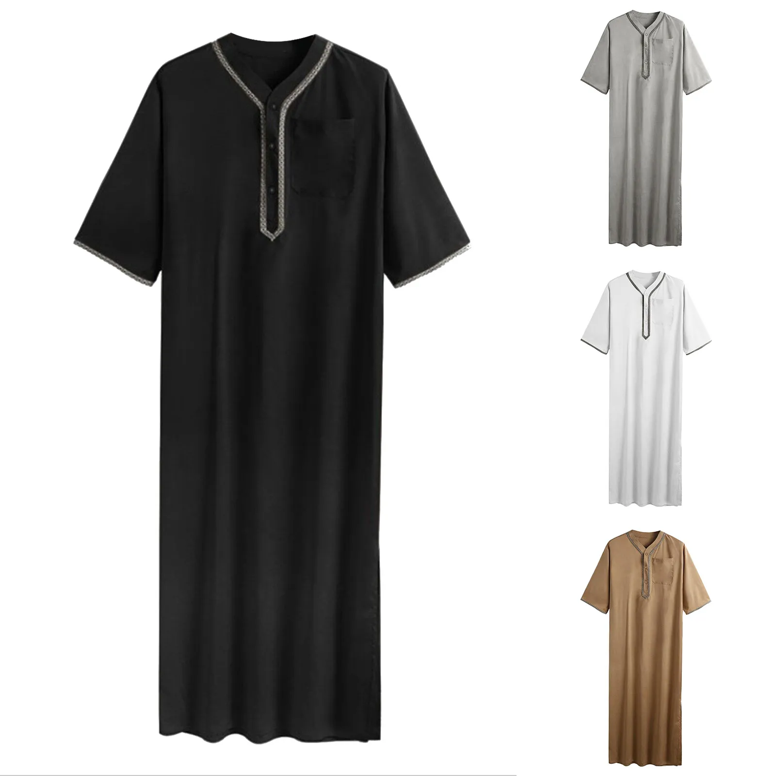 Muslim Men Jubba Thobe Solid Color Button Kimono Middle Robe Saudi Musulman Shirt Stand Collar Islamic Arabic Kaftan Men Abaya