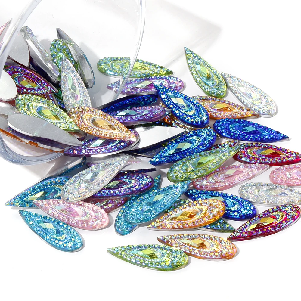 Flat - Shiny AB Resin Peacock Tear Beads Pearl Flat Back Waterscissor Book Wedding Decal Jewelry