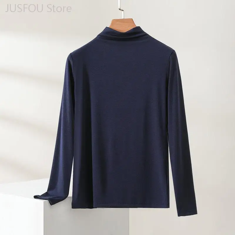 Women High Neck Modal Long Sleeve T Shirt Autumn Winter Solid Color Slim Fit Basic Bottoming Top Daily Inner Wear Casual Tee 3