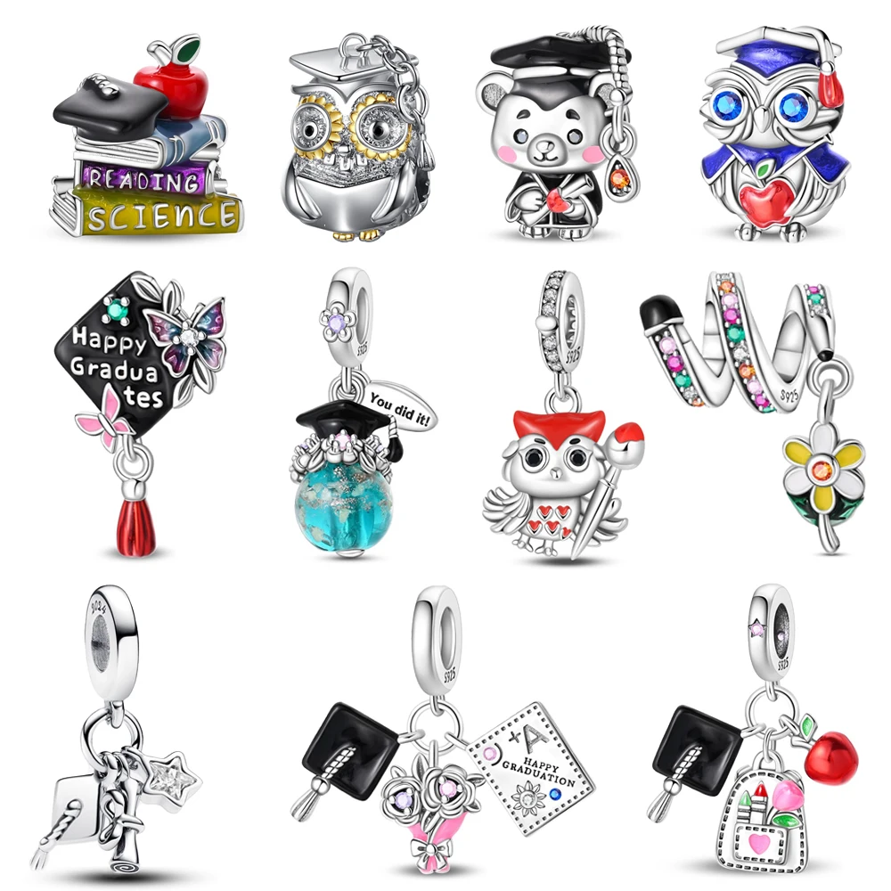 لطيف 925 فضة الدب دكتوراه الخرز وحقيبة مدرسية وقبعة البكالوريوس وتفاح استرخى سحر يناسب سوار هدايا حفلة التخرج