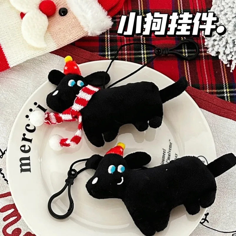 Bonito filhote de cachorro boneca de pelúcia chaveiro pequeno cão preto com cachecol pingente estilo coreano natal kawaii filhote de cachorro mochila decoração pingente