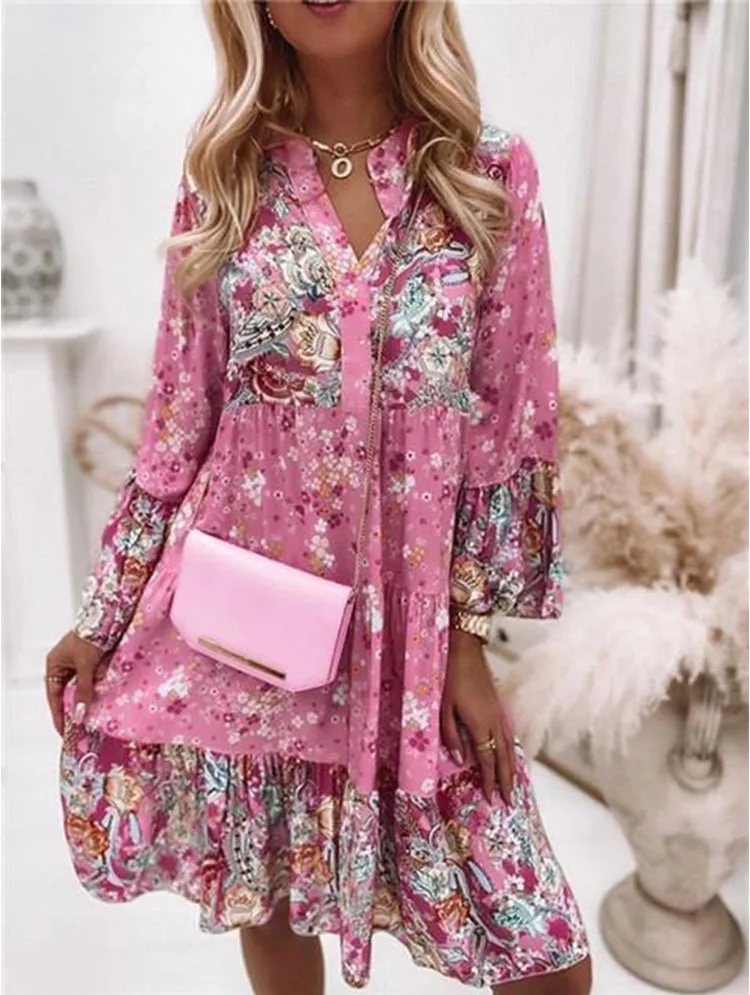 

Floral Dress for Women 2024 Summer Oversize Elegant Long Sleeve Casual Dresses Female Loose Bohemian Beach Holiday Dresse New