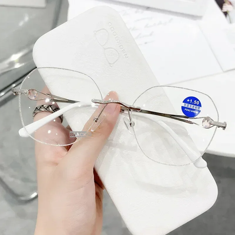 Metal Trimmed Frameless Reading Glasses Women's Anti Blue Light Exquisite and Elegant Presbyopia Glasses +1.0 To + 4.0 Oculos