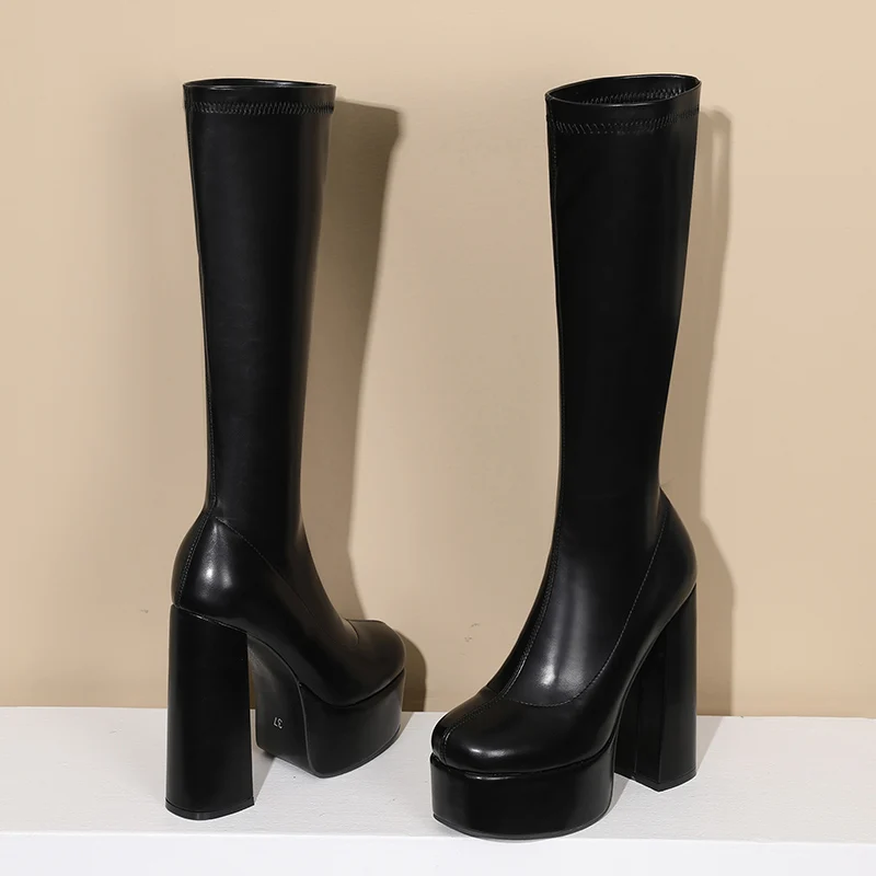 Super High Thick Heel Solid Color Simple Style Knee High Boots High Waterproof Platform Sewing Women's Boots Winter New image 3