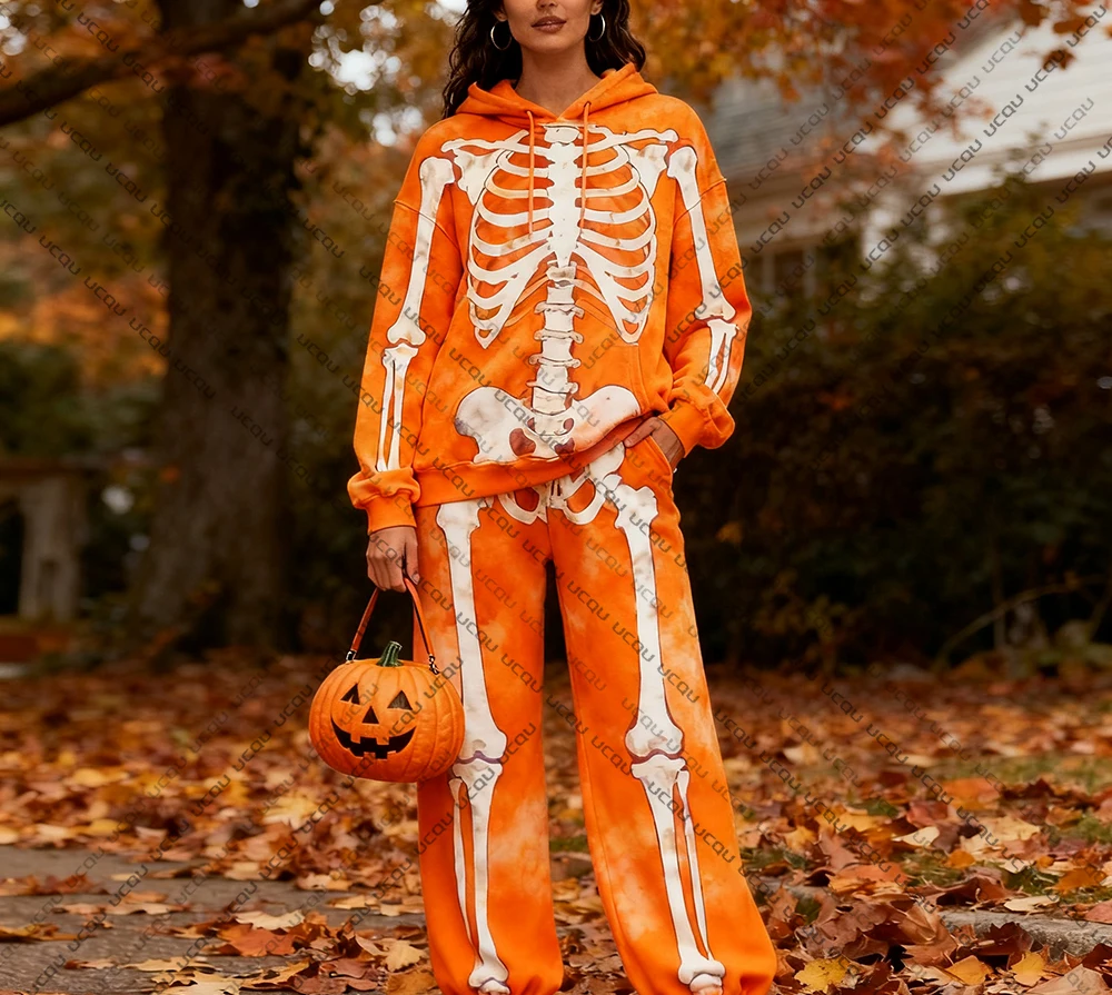 2025 هالوين جديد مقنعين البلوز وسراويل مجموعة مرعبة الهيكل العظمي موضة ثلاثية الأبعاد طباعة الشتاء الربيع مجموعة مهرجان فستان مجموعة #6