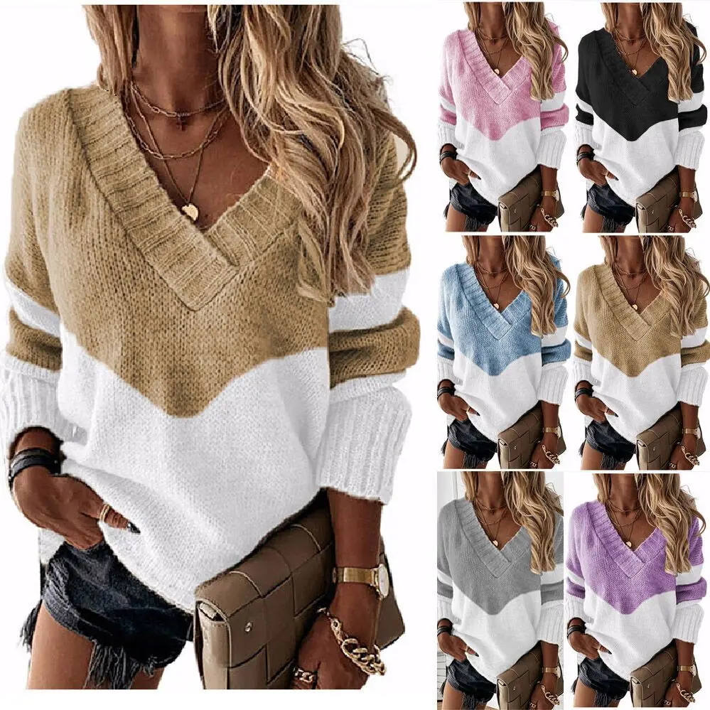 

Loose Fit Autumn Winter Knitted Sweater Women's Overhead Collar Patchwork Color Blo Long Sve Stripe Patterned Top