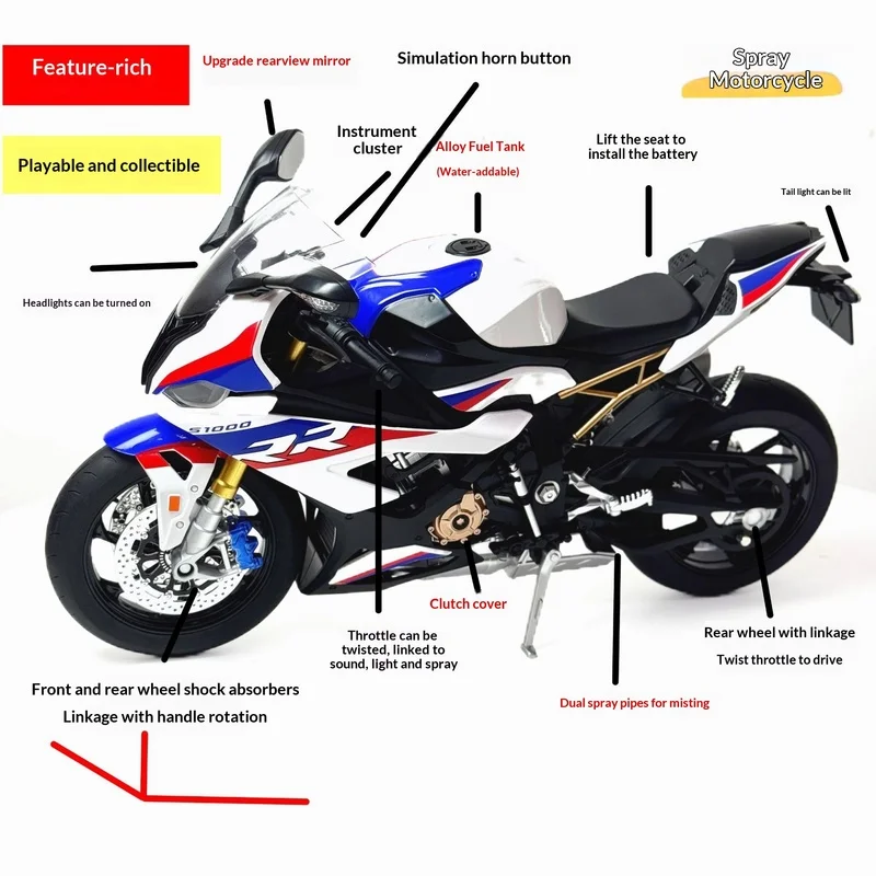 1000rr 1:6 Scale Alloy Motorcycle Model Spray Start Sound Light Linkage Wheel Shock Absorption Desk Ornament For Boys