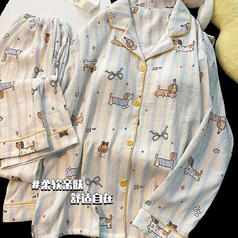 Women's Thin Pajama Set Long Sleeve Printed Embroidered Loose Fit Sweet Style Home Clothing Pants