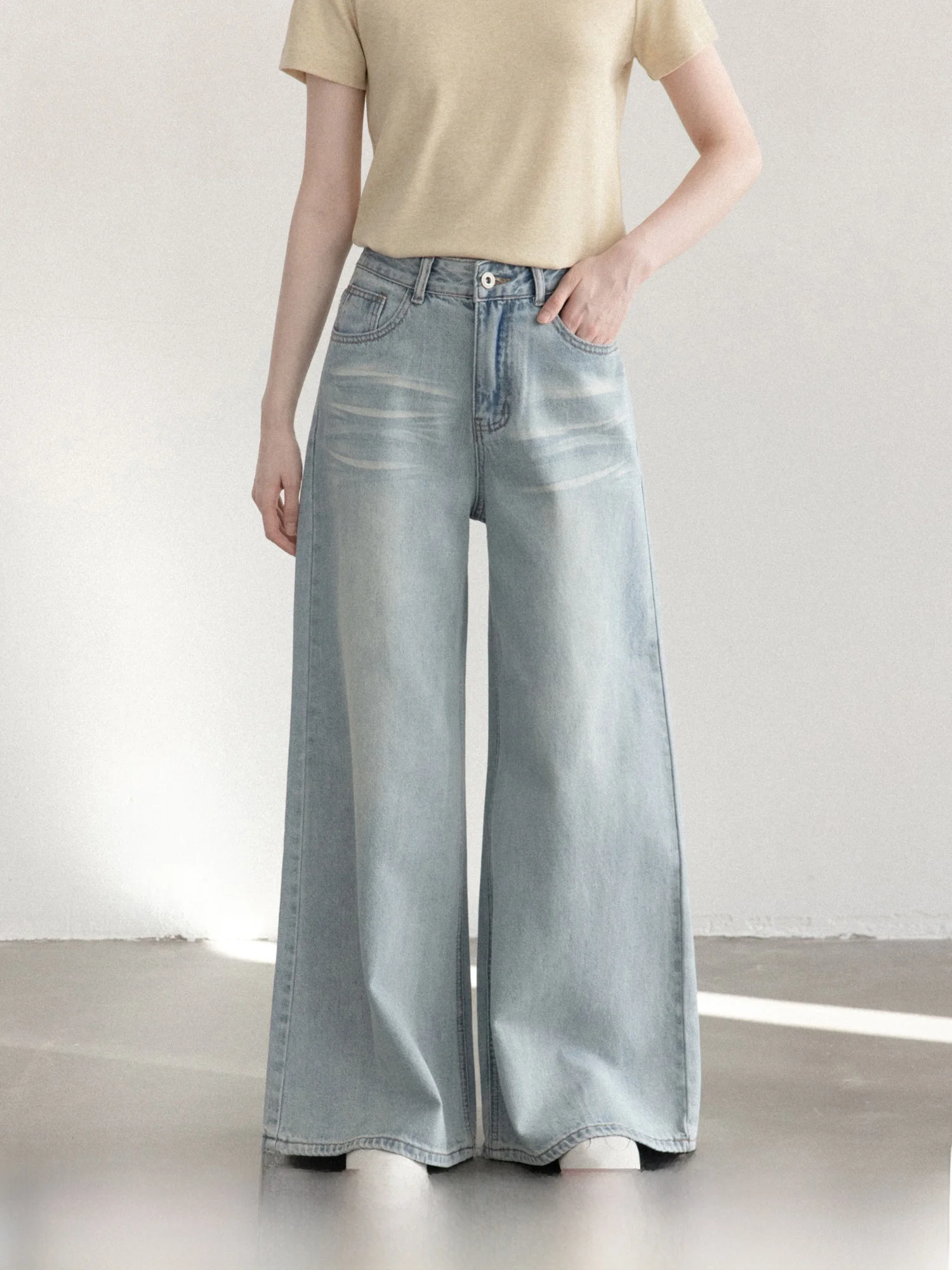 

Retro American Blue High Waist Wide Leg Jeans Women's Spring Straight Cut Casual Cotton Soft Comfortable High Waist Jeans