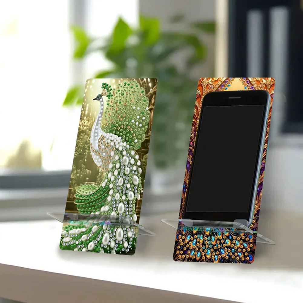 

2Pcs Acrylic DIY Peacock Diamond Painting Phone Holder for Home Office Decor