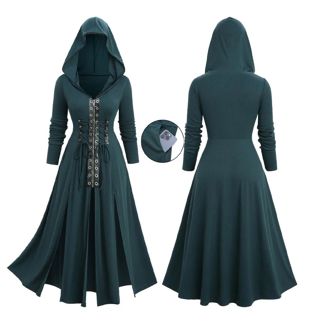 ROSEGAL Plus Size Occhielli con lacci Abito con spacco in pizzo con cappuccio Donna Autunno Inverno Abiti casual a maniche lunghe verde intenso