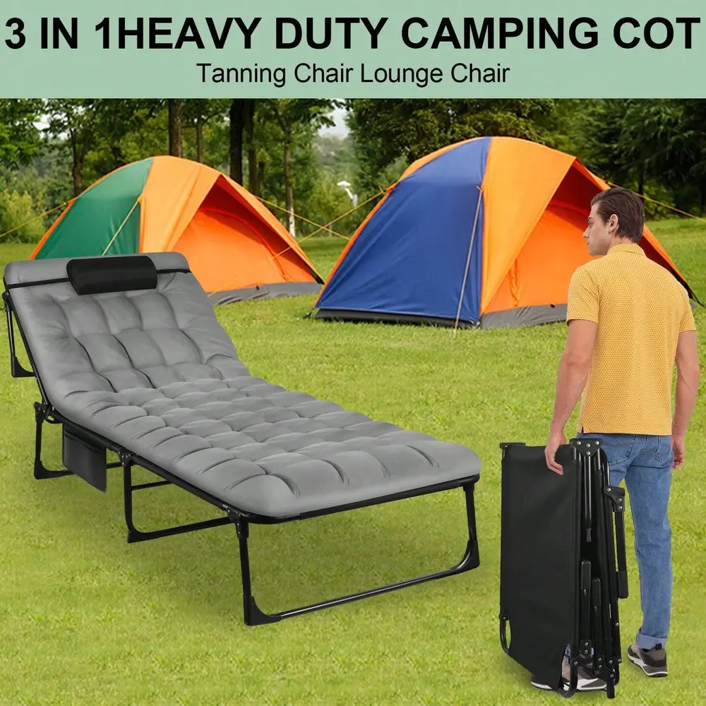 

Camping Cots For Adults, Adjustable 4Position Adults Reclining Folding Chaise, Outdoor Portable Folding Lounge Chair Sleeping C