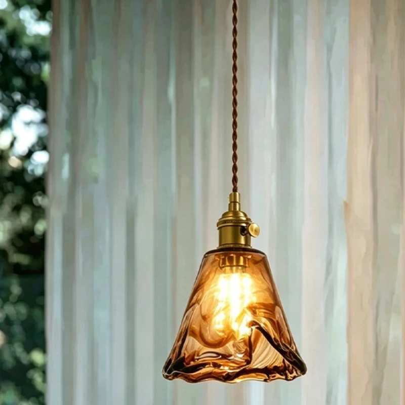 Vintage Amber Glass Pendant Light Wabi Sabi Style Bedroom Guesthouse Bedside Lamp Chinese Zen Study Entryway Antique Chandelier