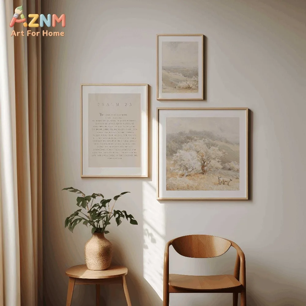 AZNM 3Pcs Psalm 23 Canvas Wall Art, Watercolor Sheep Pasture Scenery Bible Verse Print Frameless Canvas Painting,