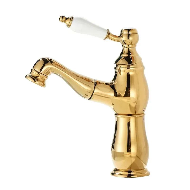 

French retro pull-out faucet, all-copper basin hand washing faucet, bathroom gold ceramic handle hot and cold water head