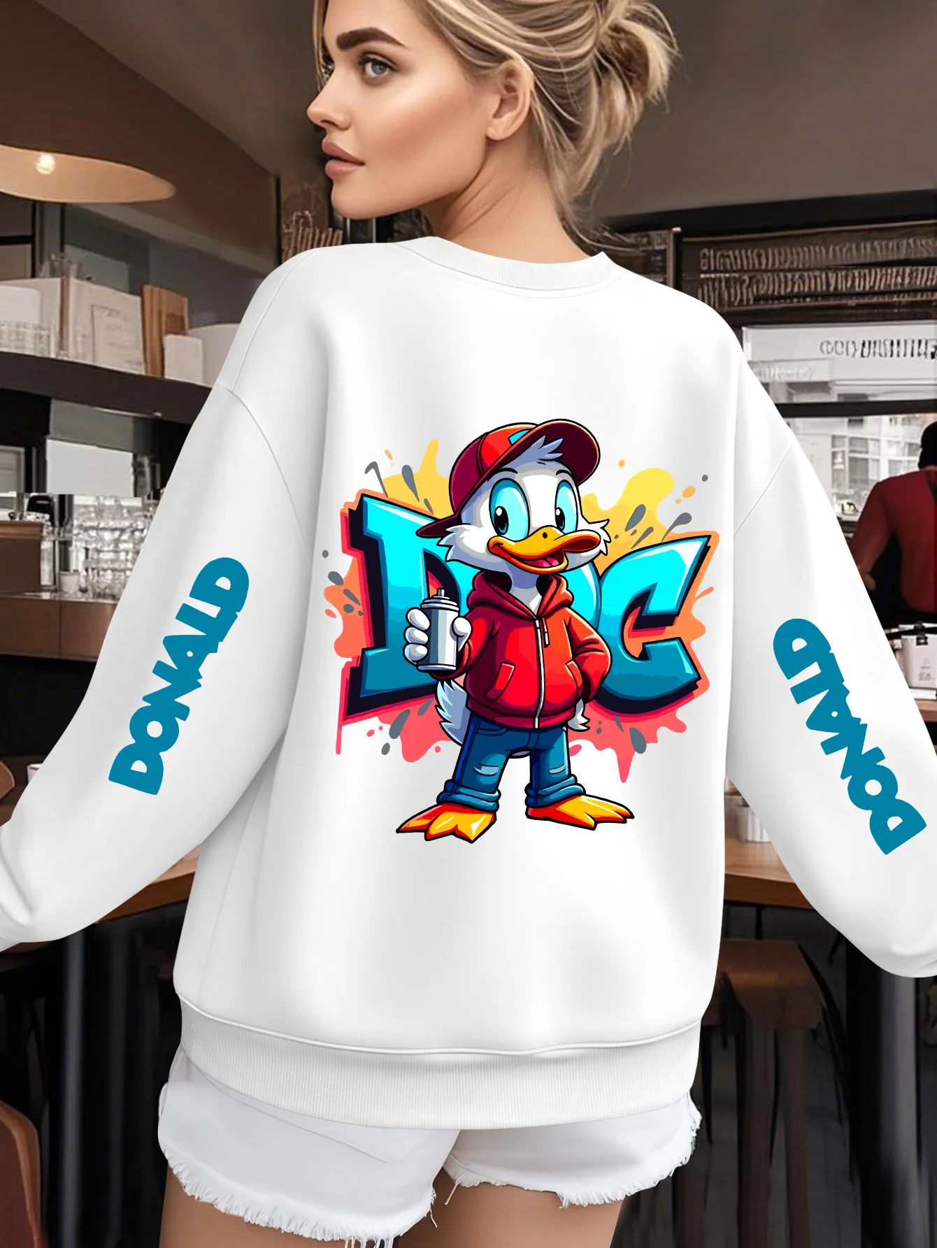 디즈니 도널드 덕 그래피티 스트리트 아트 프린트 여성용 남성용 코튼 가을/겨울 풀오버 후드티 오버사이즈 탑 긴 소매