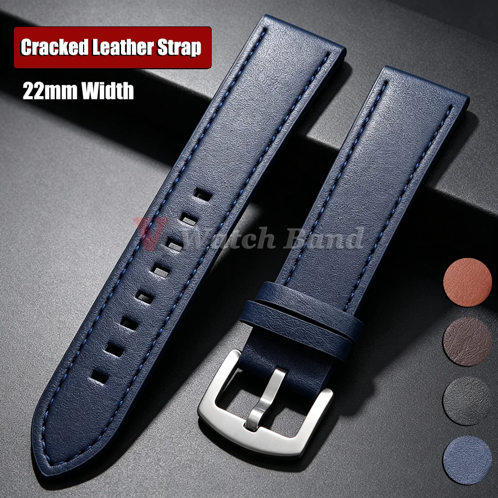 22mm Vintage Oil Wax Cracked Texture Watch Band Brown Black Cowhide Straps Pin Buckle Universal Bracelet for Men Wristbands