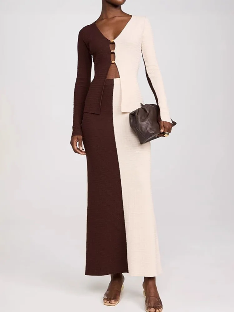 Elegant V-neck Long Sleeve Blouse with Skirt Set Women Fashion Color Clashing Slim 2 Piece Outfits Sexy Hollow Long Skirt Suits