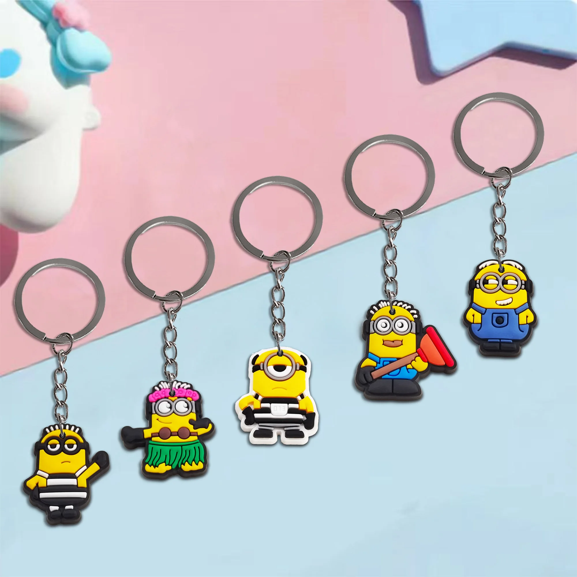 Cute Cartoon Character Keychain for Kids, Minions Boneca, PVC, Personagem de Anime, Mochila Pingente, Saco Chave, Chaveiro do carro, Presentes de aniversário