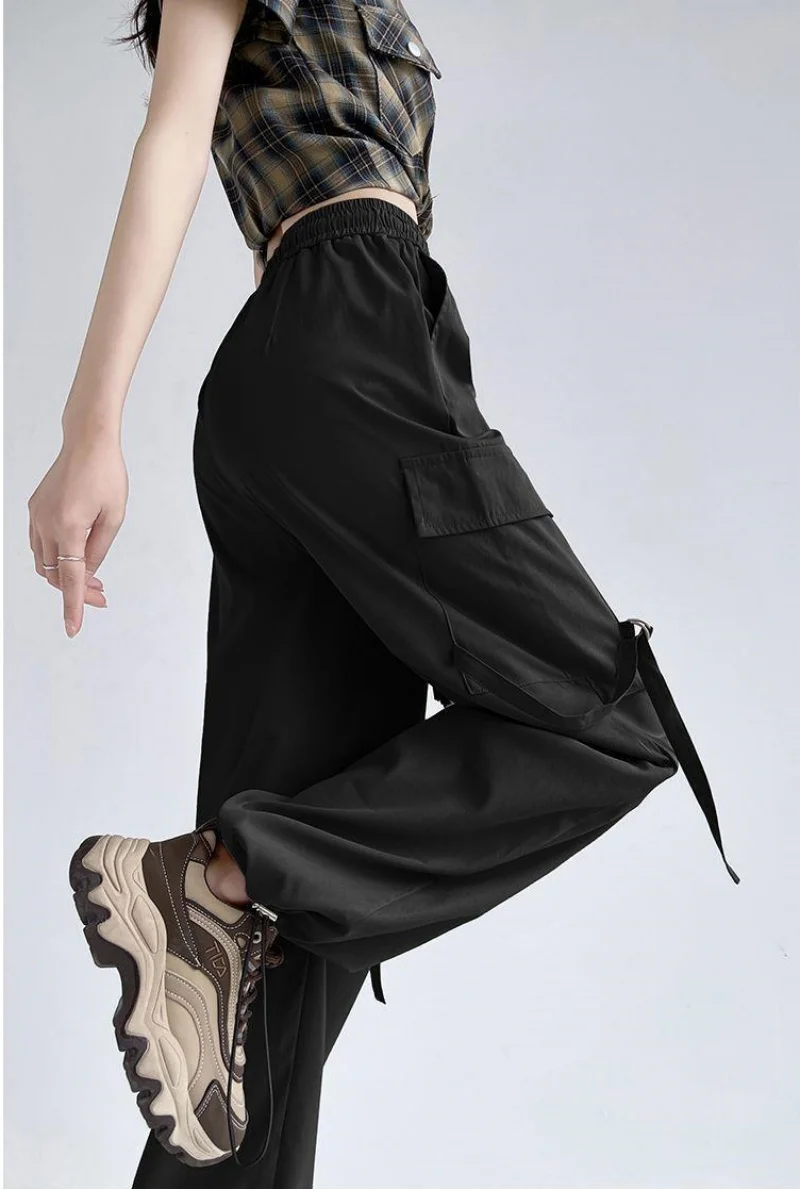 Drawstring Pocket Baggy Pants Fashion Women High Waist 2025 New Oversized Y2K Joggers Pant Streetwear Straight Cargo Trousers