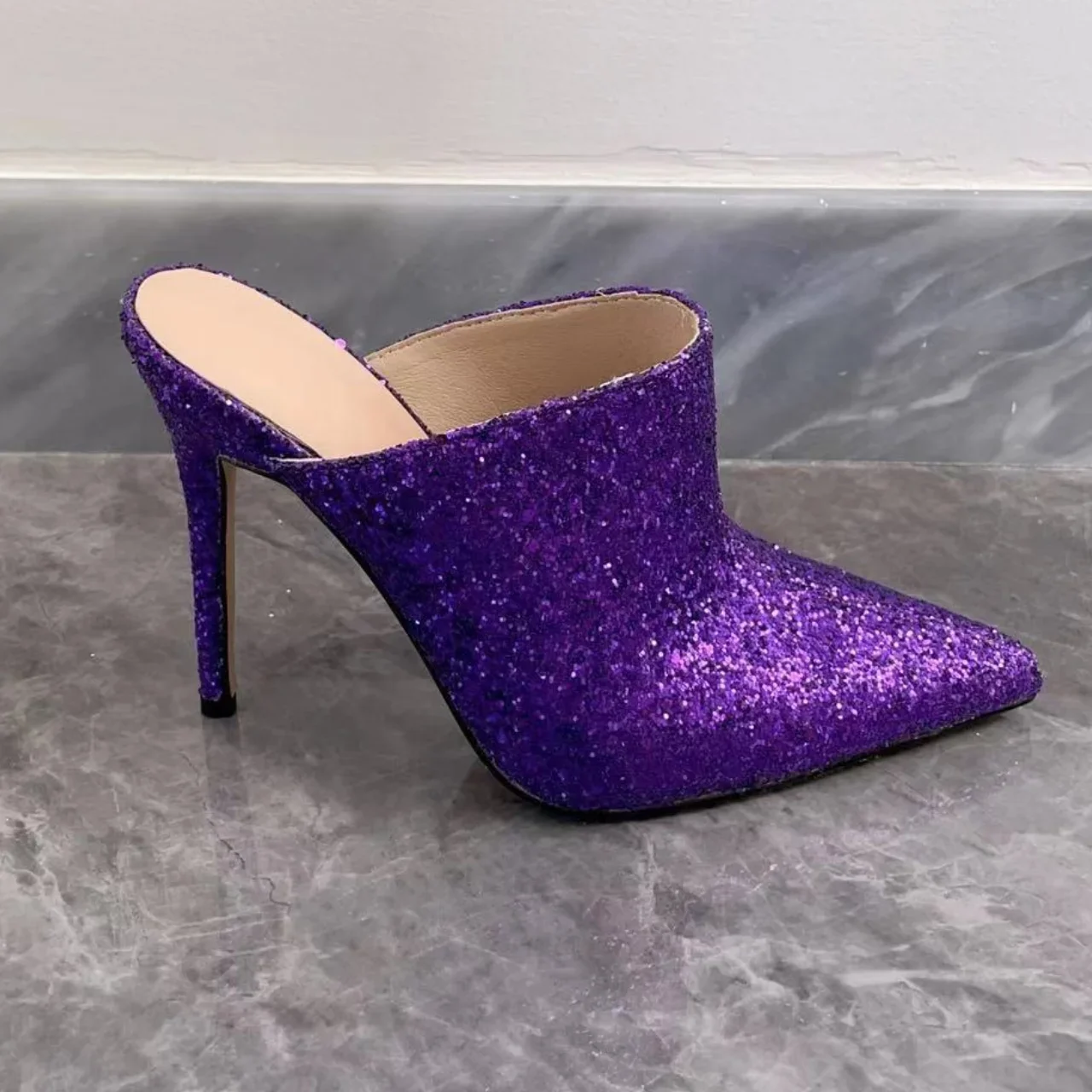 

Purple Sequined Cloth Women Slippers Pointed Toe Zapatillas De Mujer Ladies Slingback Shoes Stiletto High Heels Sapatos Feminino