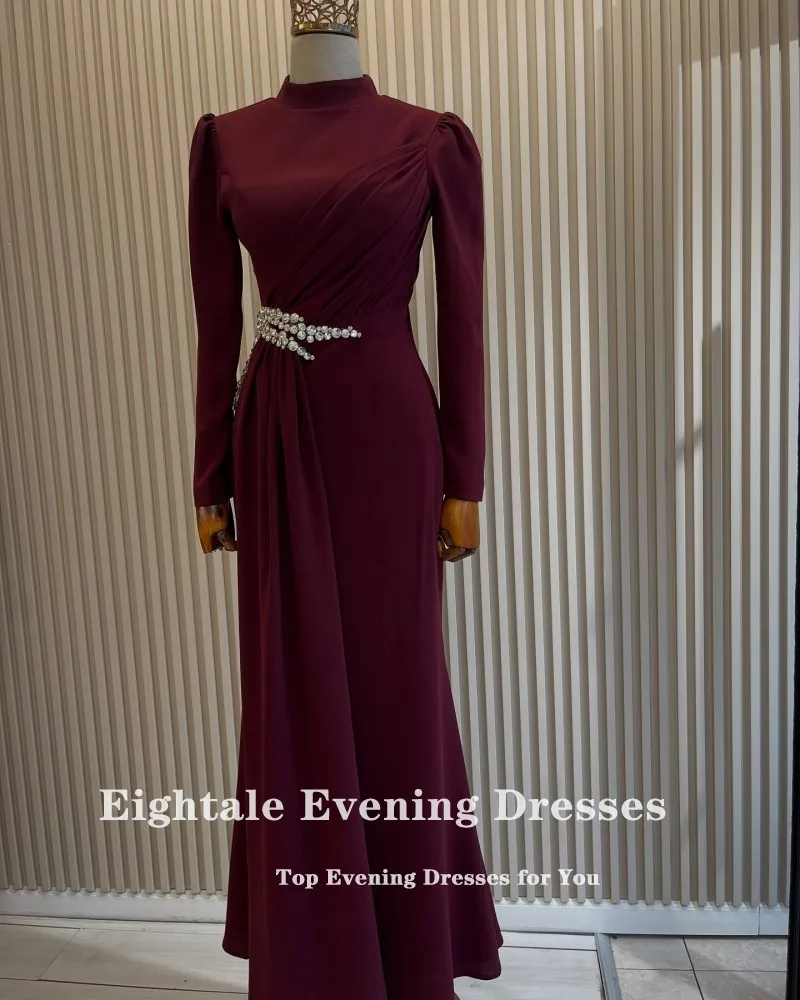 Eightale アラビアイブニングドレス ハイネック ビーズ ブルゴーニュ 長袖 カスタマイズされたマーメイド ウェディング パーティー ドレス Abendkleider Hochzeit