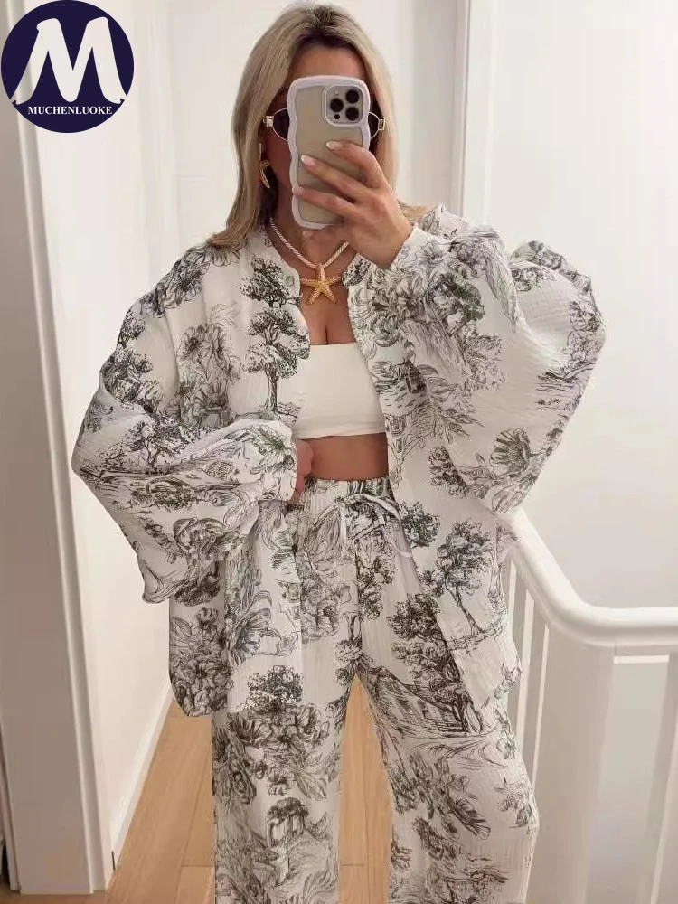 2 Pieces Set for Woman Summer Autumn New Casual Printed Long Sleeved Shirt Tops  Suits Fashionable Loose Wide Leg Pants Sets
