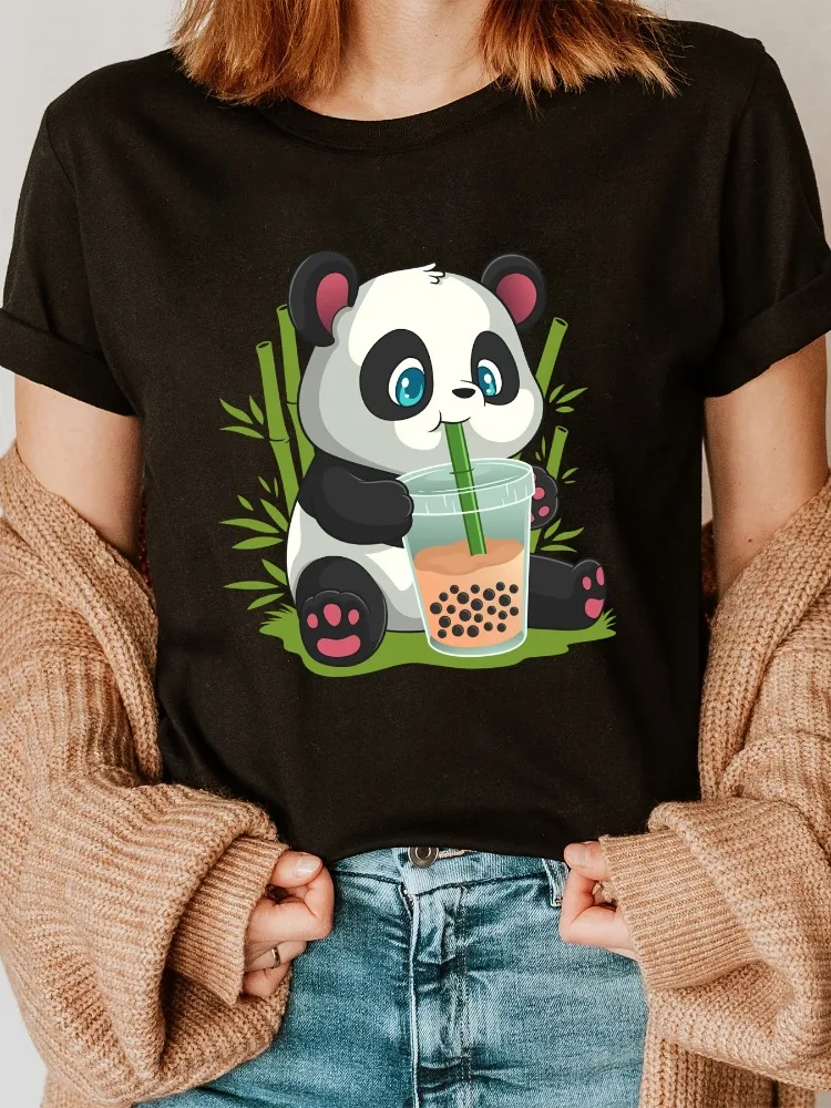 New Comfortable and Stylish Panda Print Crew Neck Women's T-Shirt Spring Summer and Fall Casual Short-Sleeve Women's Wear
