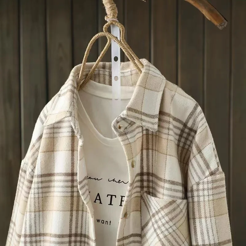 

Retro Hong Kong Style Artistic Plaid Long Sleeve Shirt Women's Loose Casual Felt Coat Spring Autumn Winter Korean Version