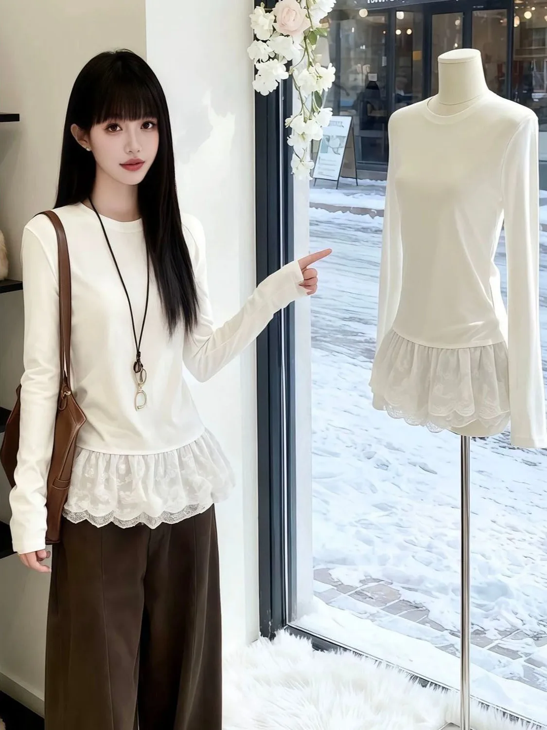 

Korean Sle Versatile White Lace Splice Long Sve T-irt Women's Slim Fit Layering Base irt Top for Autumn Winter