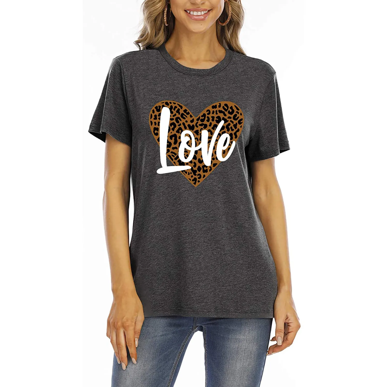 Leopard Print Valentine's Day T-Shirt Women Love Letter Graphic T Shirts Casual Round Neck Short Sleeve Gray Tees Tops