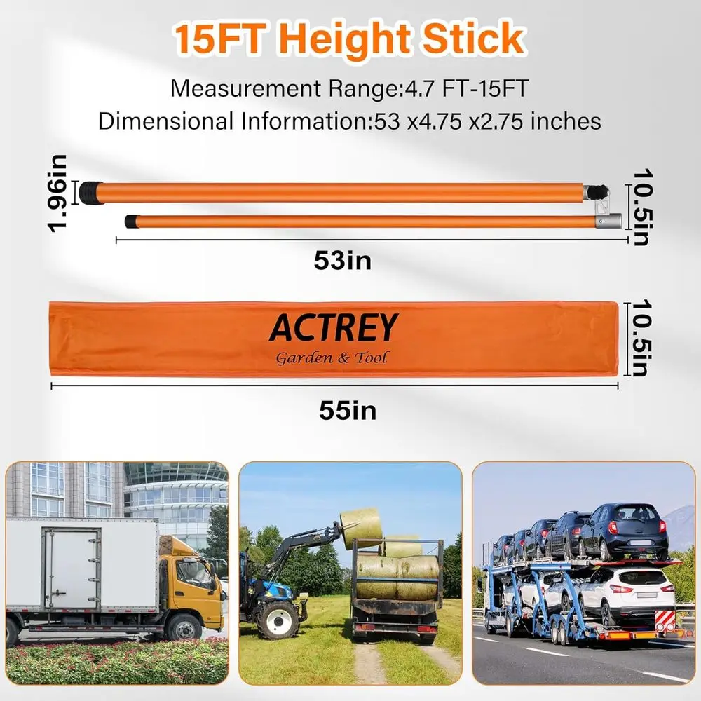 Fiberglass Truck Height Stick for 15FT Load Measurement with Adjustable Pole, Ideal for Car Haulers and Height Measuring Needs