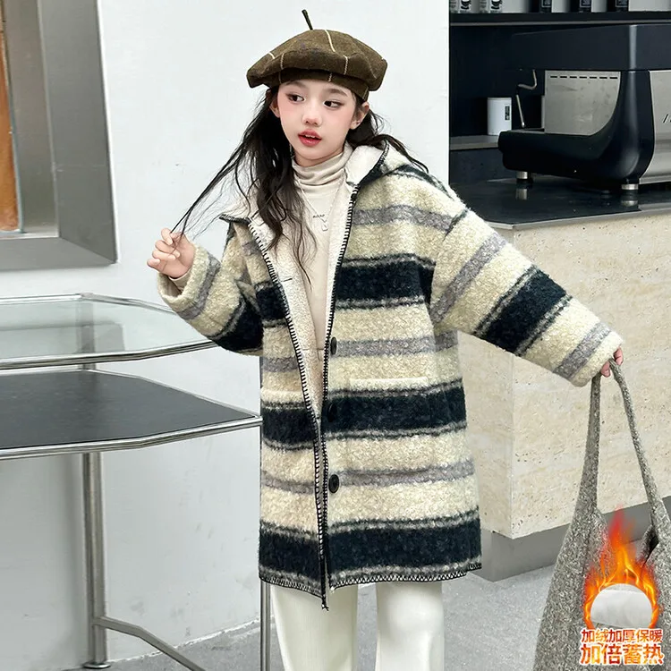 Girls Coat Autumn and Winter Sheep Wool and Cashmere Coat Big Child Thick Coat Daughter Medium Long Stripes Clothes Fashion