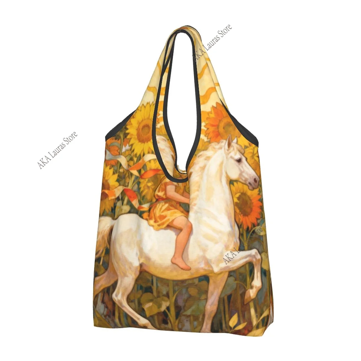 Shopping Bags Women Portable Golden Child Riding Through Sunflowers Big Capacity Grocery Shopper Tote Bags