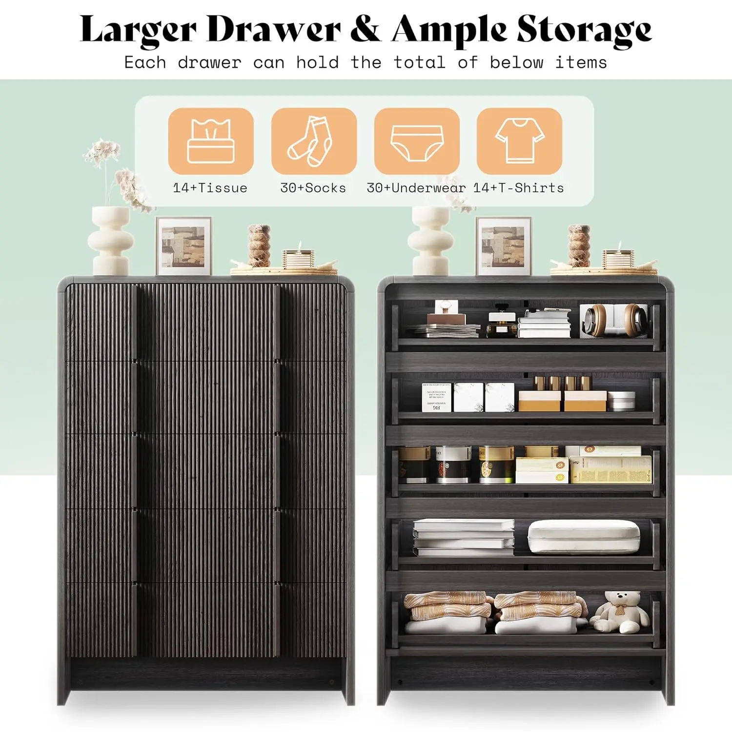 3-Piece Modern Fluted Bedroom Furniture Set, 48" Tall 5-Dresser & 2-Drawer Nightstands Set of 2 with Pine Handles &, Customized - view 4