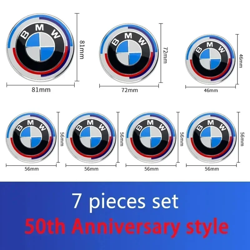 

2024 New 7Pcs Front Hood Emblem For BMW 50th Anniversary Logo 82mm+Rear Badge 74mm+Wheel HubCap 68mm+Steering Wheel Sticker 45mm