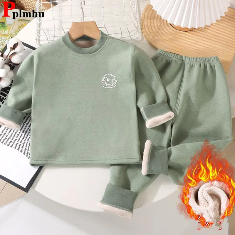 

Casual Velvet Lined Kids 2 Piece Sets Fall Winter Pullover Tops Boys/Girl Thermals Ensemble Warm Plush Children Underwear Outfit