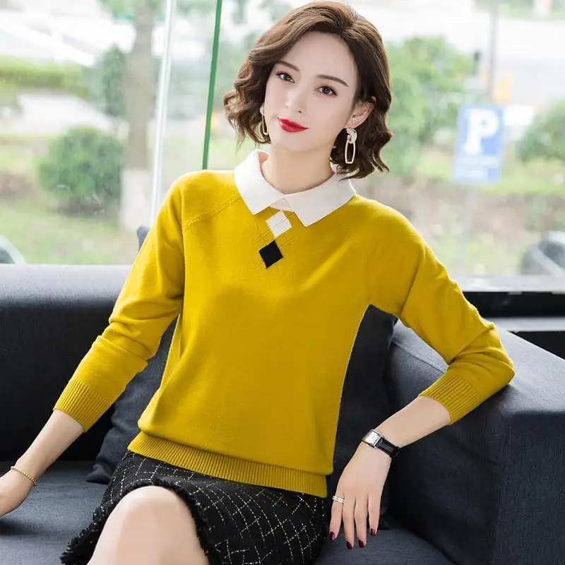 Fashion Peter Pan Collar Spliced Loose All-match Sweater Women's Clothing 2023 Autumn Winter New Casual Pullovers Korean Tops