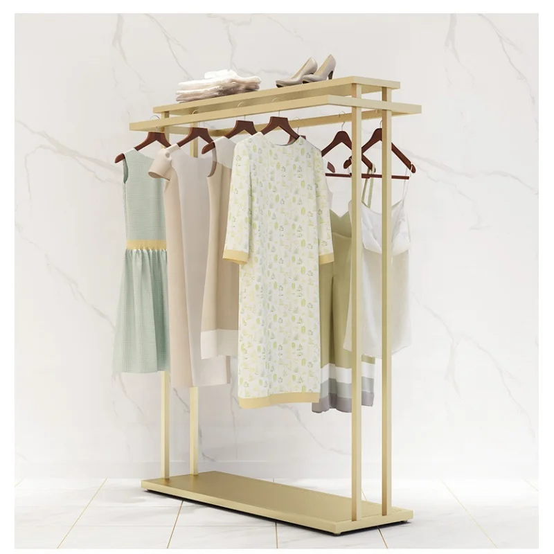 Floor Standing Metal Clothing Rack para mulheres, Disposição de loja de roupas, Varejo e Barato, Dourado, Personalizado