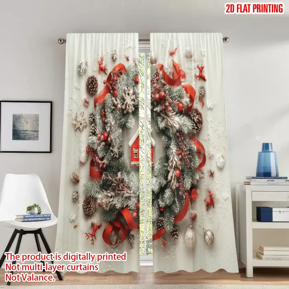 

2pcs 2D flat printing Fashionable Christmas Curtains Christmas House Red Ribbon Fir Digital Printed Polyester Drapes Spring Use